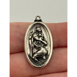 Vintage Theda Sterling Silver Saint St Christopher Medal Pendant‎ Oval Shape